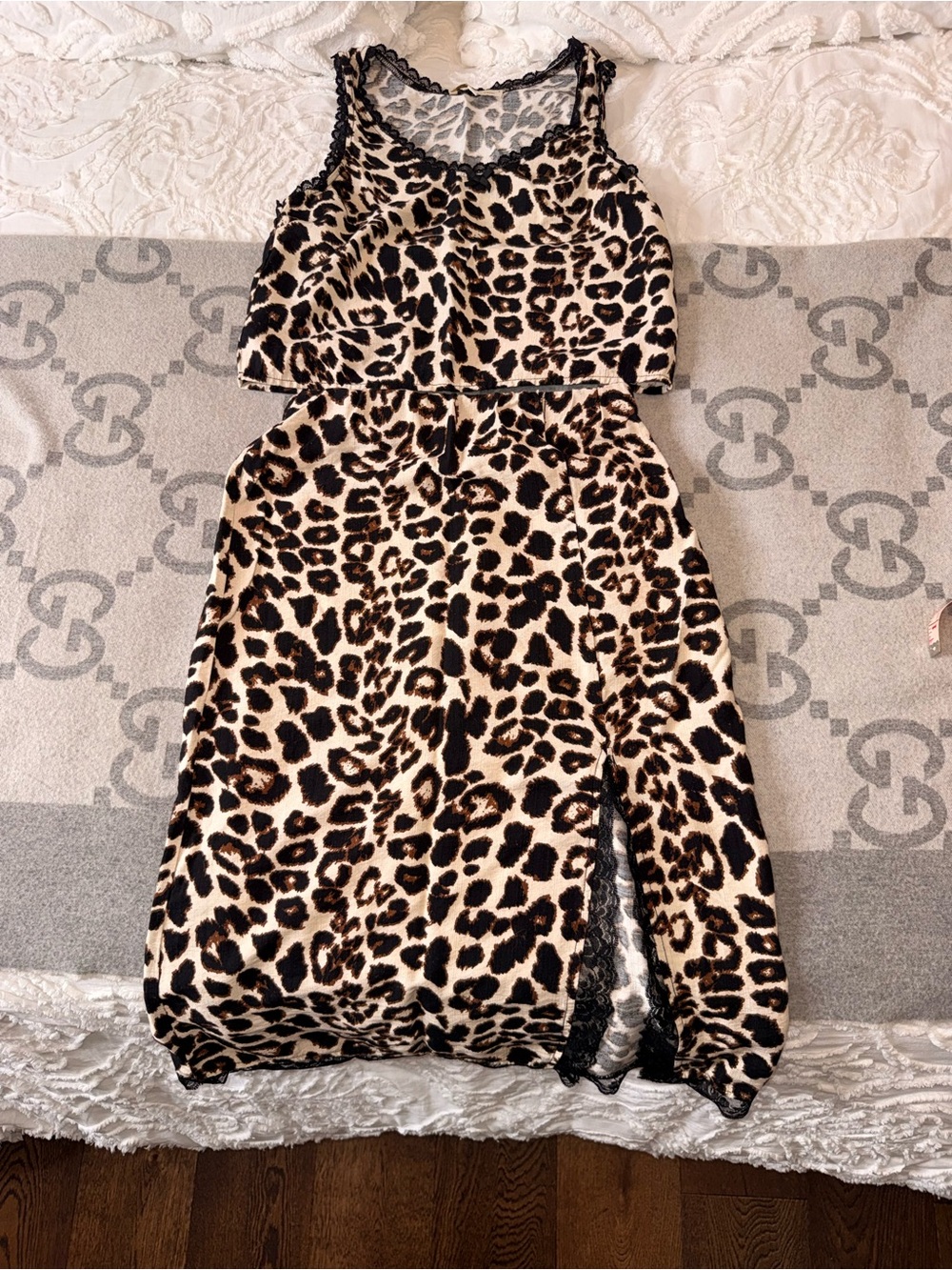 Monteau Leopard Print Slip Skirt and Top Set with Lace Trim
